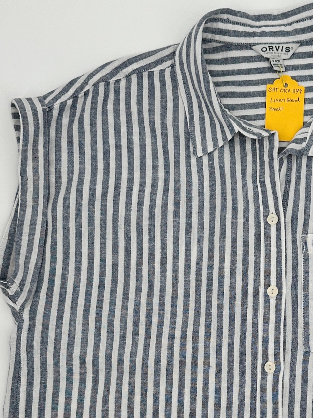 Orvis Linen Blend Dolman Sleeve Stripe Button Front Blouse Navy White Small